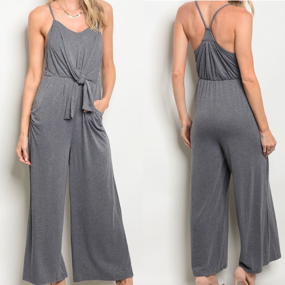 🌾Wander in Grey Knot Front Grey Jumpsuit🌾 - Picture 2 of 3